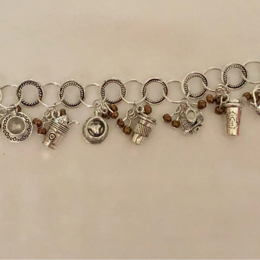 Coffee Tea Time Charm Bracelet Silver-Tone Coffee Cups,Tea Cups And Pots